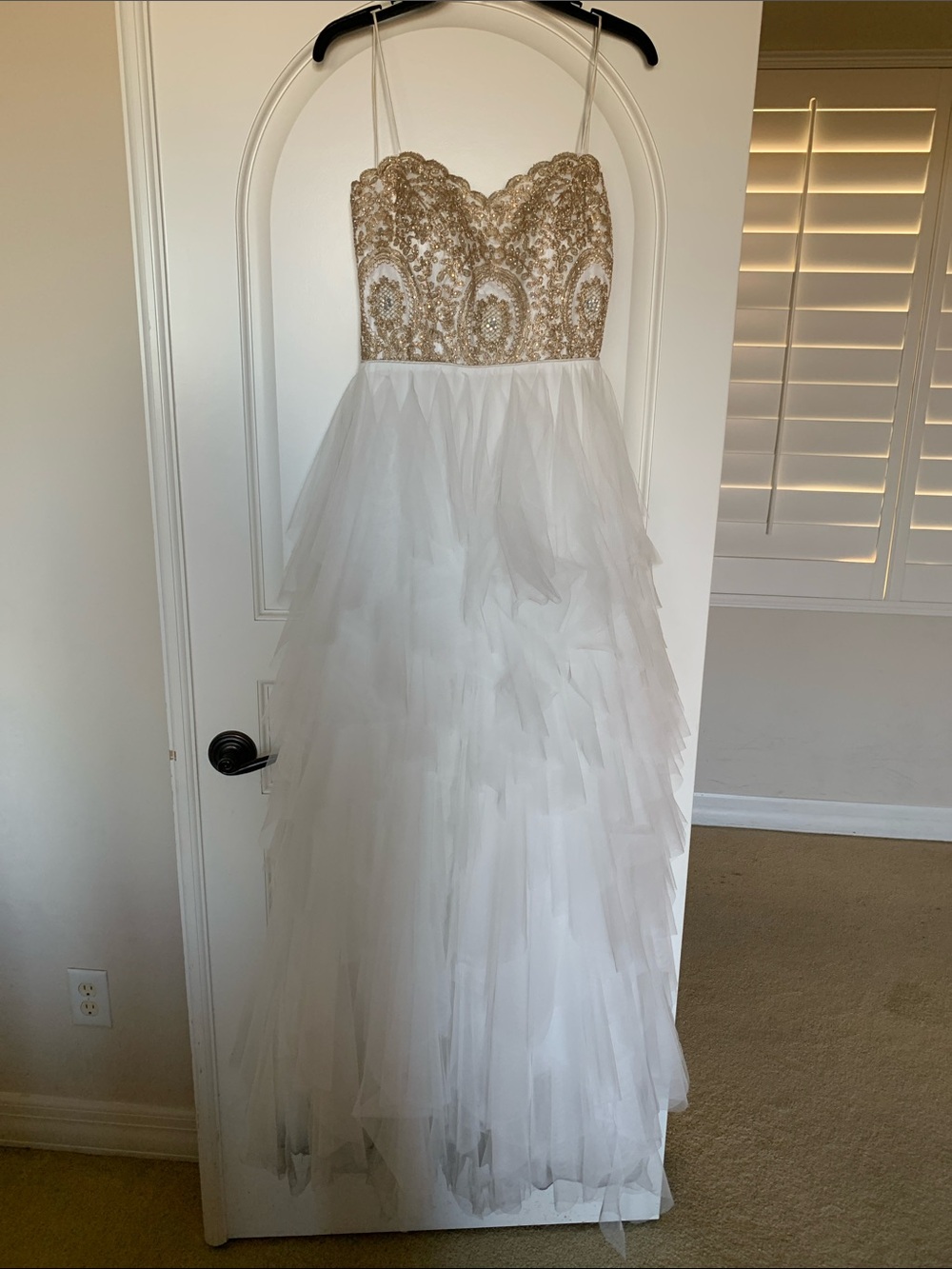 Spaghetti Strap White Tulle Gown with Gold Beaded Bodice